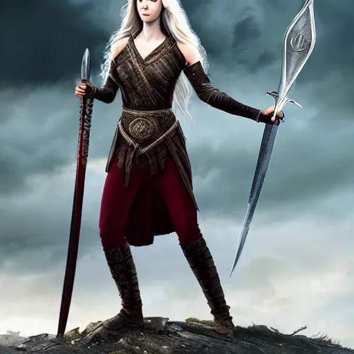 A photorealistic Rhaenyra Targaryen with sword in hand standing in heroic posture, full body, facing camera