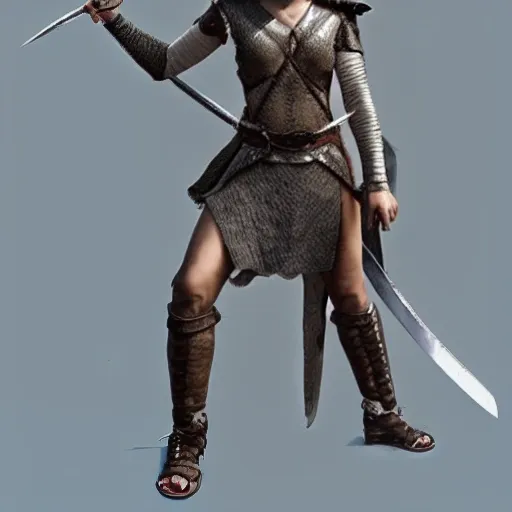 A photorealistic Rhaenyra Targaryen with longsword in hand standing in heroic posture, full body, facing camera