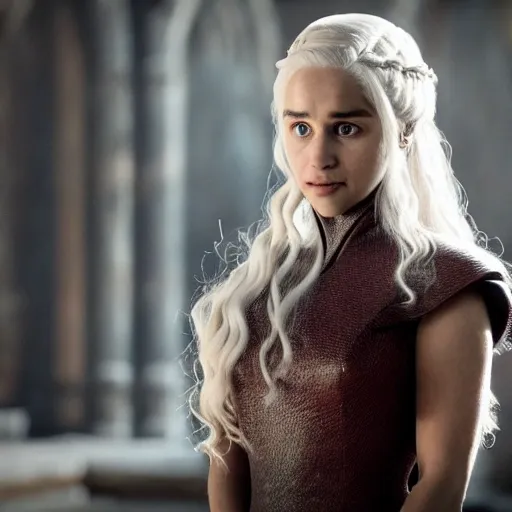 Photorealistic Daenerys Targaryen in throne room with a dominant face, 20 years old