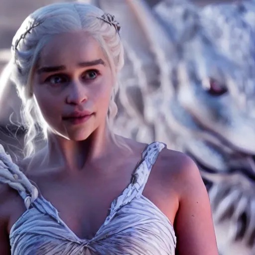 Daenerys targaryen, long hair, soft hair, fluffy hair, tight shirt, 3D, 3D, looking to camera, dragons around her, fire