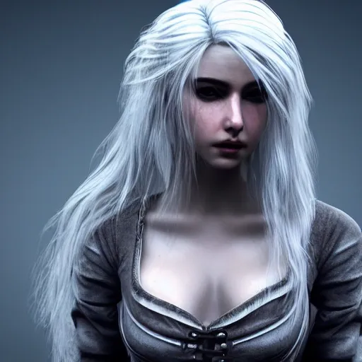 Ciri, long hair, soft hair, fluffy hair, tight shirt, 3D, 3D, looking to camera, monsters, fire