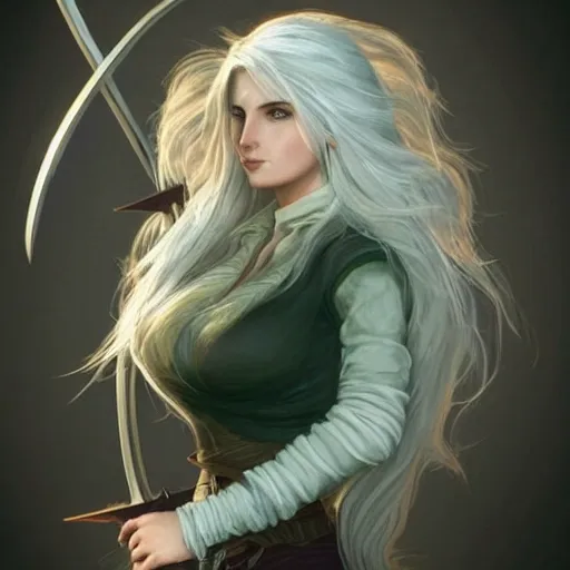 Ciri, long hair, soft hair, fluffy hair, tight shirt, 3D, 3D,  sword in hand, green eyes