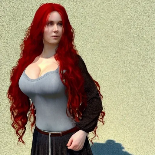 Triss, long hair, soft hair, fluffy hair, tight shirt, 3D, 3D, full body,