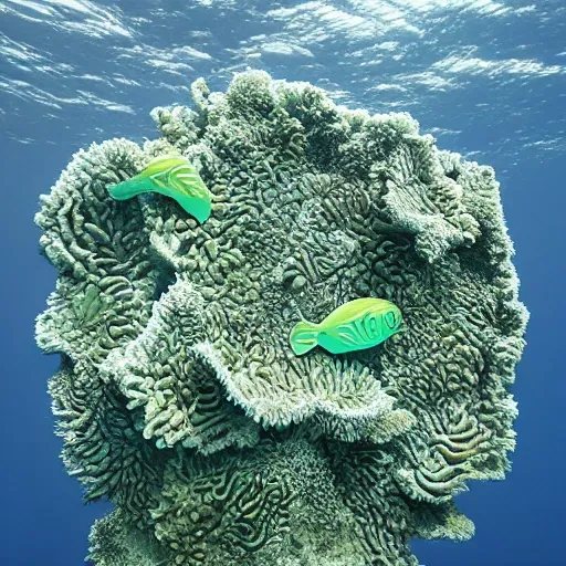  ocean-themed image depicting  green seaweed and coral formations