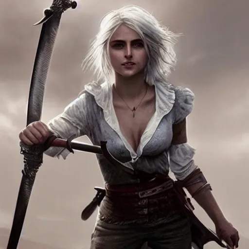 Ciri, soft hair, fluffy hair, tight shirt, photorealistic, battle scene, sword in hand,