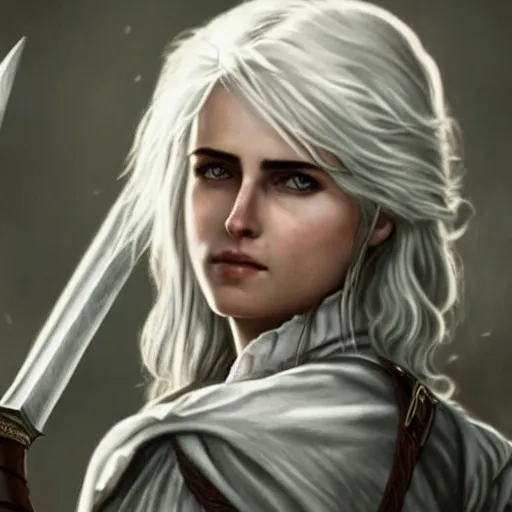 Ciri, soft hair, fluffy hair, tight shirt, photorealistic, battle scene, sword in hand,