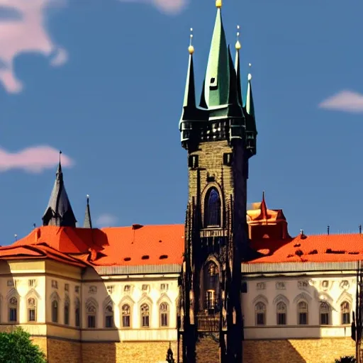 Photorealistic Prague Castle with American flag on its tower