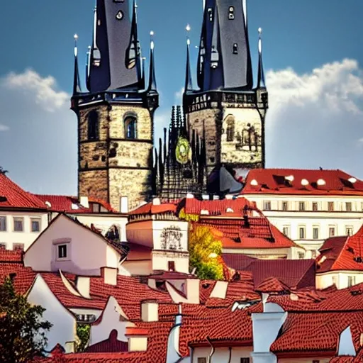 Photorealistic Prague Castle with waving American flag on its tower,