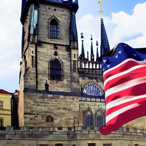 Photorealistic Prague Castle with waving American flag on its tower,