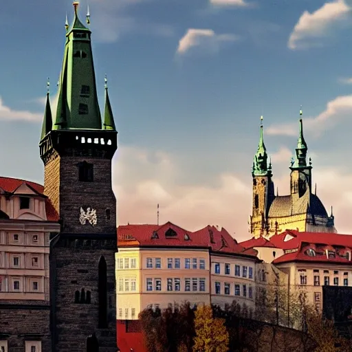 Photorealistic Prague Castle with waving American flag on its tower,