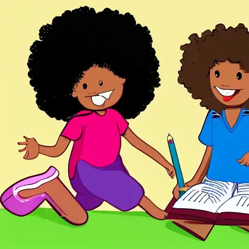 one straight hair latin girl playing at the school with another afro girl, Cartoon