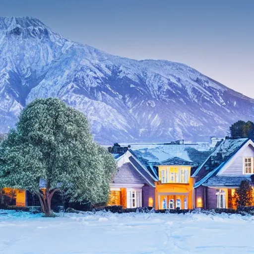 A house underneath the mountaint, snow on the peak of the mountains, green grass Infront of the manor, sunset,, 3D