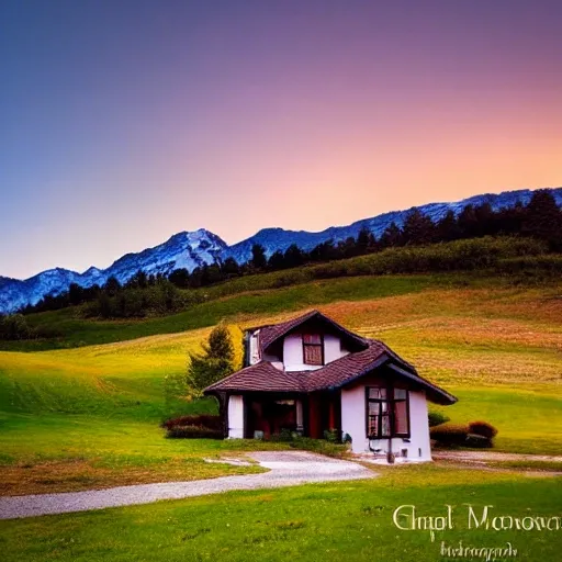 A house underneath the mountaint, snow on the peak of the mountains, green grass Infront of the manor, sunset, photography 