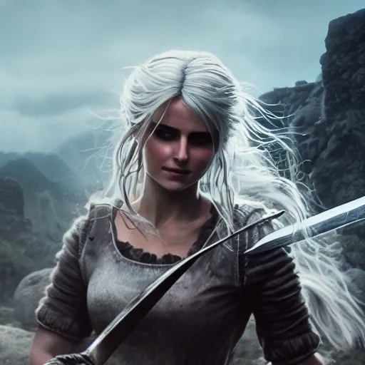 Ciri, soft hair, fluffy hair, hair in bun, tight shirt, photorea ...