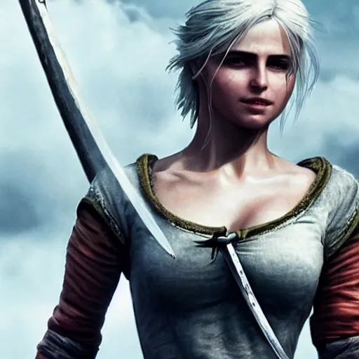 Ciri, hair in bun, tight shirt, photorealistic, battle scene, sw ...