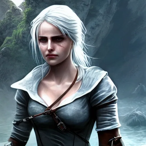 Ciri, hair in bun, tight shirt, photorealistic, fantasy battlefield, standing on top of a rock, heroic face,