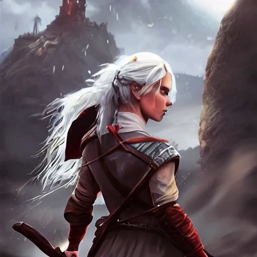 Ciri, hair in bun, tight shirt, photorealistic, fantasy battlefield, standing on top of a rock, heroic face, fire in background,