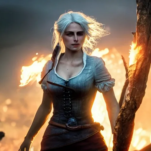 Ciri, hair in bun, tight shirt, photorealistic, fantasy battlefield, standing on a rock, heroic face, fire in background, blood on shirt