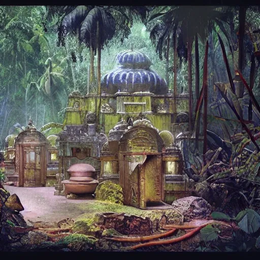 8 k concept art from a hindu temple lost in the jungle by david mattingly and samuel araya and michael whelan and dave mckean and richard corben. realistic matte painting with photorealistic hdr volumetric lighting. composition and layout inspired by gregory crewdson. 