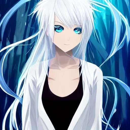 Anime Woman White Hair Black Blue Eyes Arthubai 4539