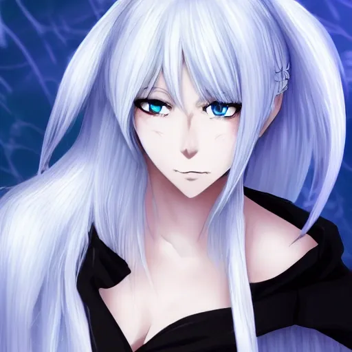 , anime, woman, white hair, black, blue eyes
