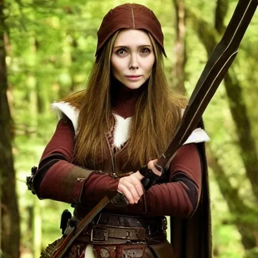  female elf ranger who resembles elizabeth olsen, 
dungeons and dragons
