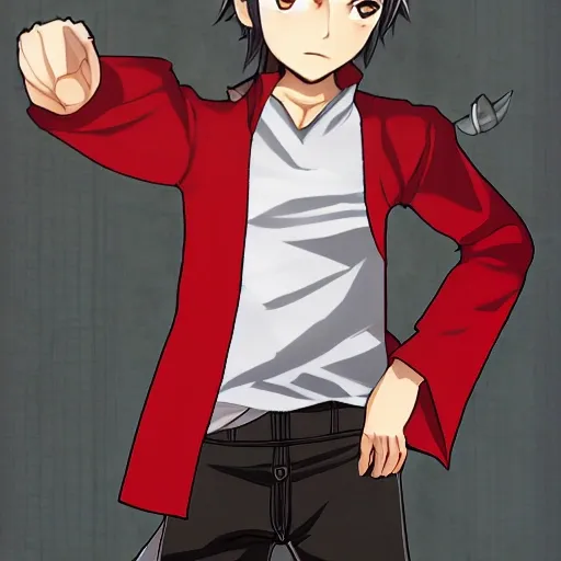 {{{Legend of Heroes style rpg character art of a young male swordsman with short dark grey hair and green eyes}}}, highly detailed, {{{anime style image of a determined 15 year old young man}}} wearing red school blazer with slacks and boots, simple background colors