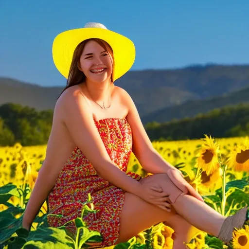 smiling 22 yo female, wearing bright yellow strapless open knit sundress, yellow hat, body left, face toward camera, sitting in sunflower field in the mountains, dusk, photorealistic, foreground sunshine from left, dark background