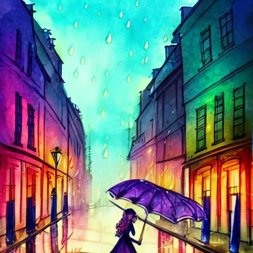 Paris street, women holding transparent umbrella, raining,night,street lights, shining lanterns, fantasy art, concept art, colorful, vibrant, Water Color