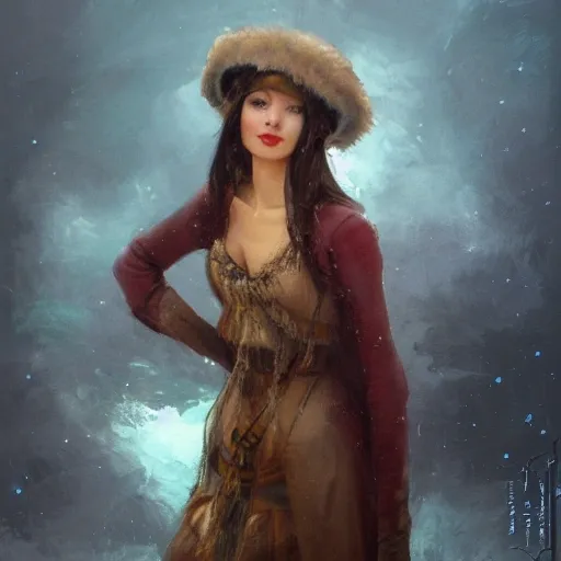 russian siberian female russian with slim body, wearing a ushanka, at night, 1400s, painting by gaston bussiere, greg rutkowski, yoji shinkawa, yoshitaka amano, tsutomu nihei, donato giancola, tim hildebrandt, oil on canvas, {full body plan: back: looking over shoulder}, traditional Russian clothing, artstation trend, pixiv highlight, cinematic composition, extreme detail, metahuman creator, (best quality:1. 4), ((masterpiece)), ((realistic)), ((detailed)), seductive_smile, (((sexy))), godrays, dust in the air.