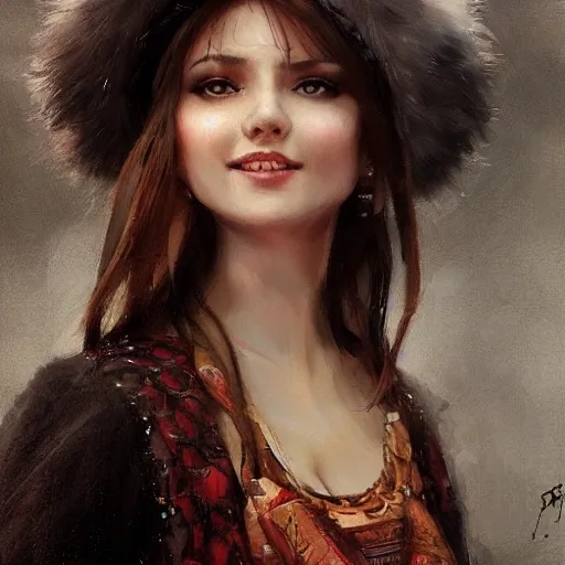 beautiful russian siberian female russian with slim body, wearing a ushanka, at night, 1400s, painting by gaston bussiere, greg rutkowski, yoji shinkawa, yoshitaka amano, tsutomu nihei, donato giancola, tim hildebrandt, oil on canvas, {full body plan: back: looking over shoulder}, traditional Russian clothing, artstation trend, pixiv highlight, cinematic composition, extreme detail, metahuman creator, (best quality:1. 4), ((masterpiece)), ((realistic)), ((detailed)), seductive_smile, (((sexy))),portrait girl, godrays, dust in the air., 3D