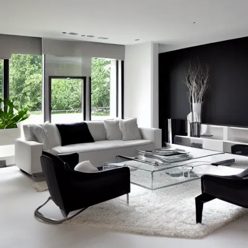 A modern living room with a beautiful white marble table, between 2 grey sofas, on the left of the living room there are floor to ceiling glass window,  and on the right of the living room there are minimalist black wall