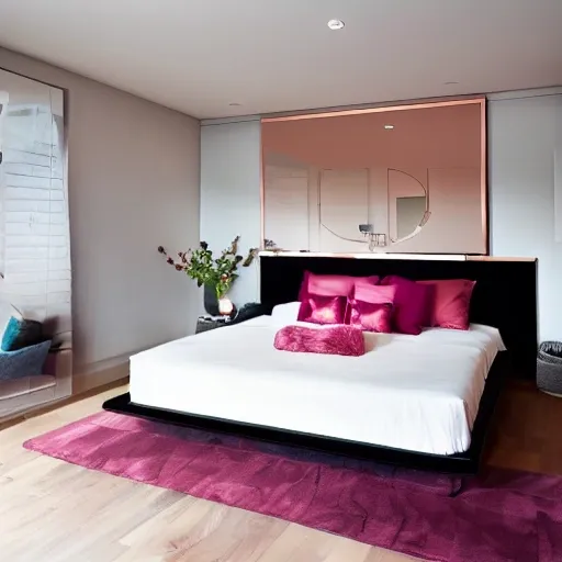 A modern bedroom, size 4 meter square, with a platform bed, large dressing space, use colors black and rose gold, wide view for the whole room