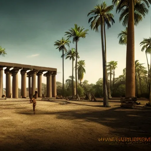 8 k concept art from a ancient Egyptian temple lost in the jungle. realistic matte painting with photorealistic hdr volumetric lighting. composition and layout inspired by gregory crewdson. 