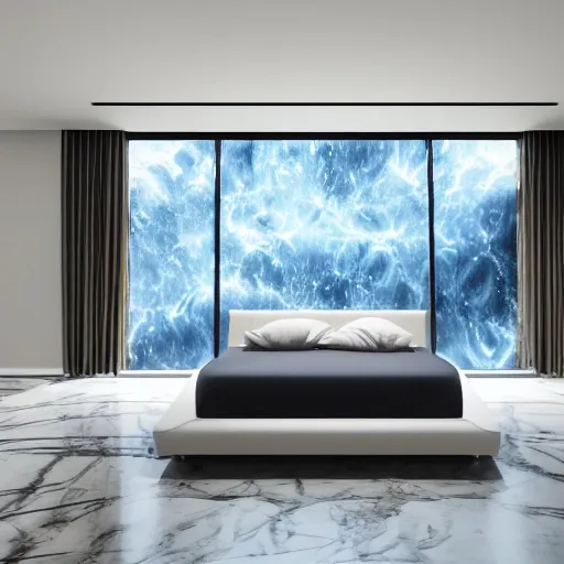 an ultra wide angle photo of a floating bed hovering above marble floor in the middle of a giant tesselating bedroom with windows opening to Fantasy World, photorealistic, octane render, recursive!!!!, flowing, cascading, multiverse!!!!!!, labyrinthine