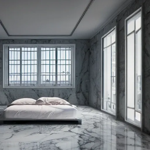 An ultra wide angle photo of a floating bed hovering above marble floor in the middle of a giant tesselating bedroom with windows opening to Fantasy Worlds, photorealistic, octane render, recursive!!!!, flowing, cascading, multiverse!!!!!!, labyrinthine, 3D