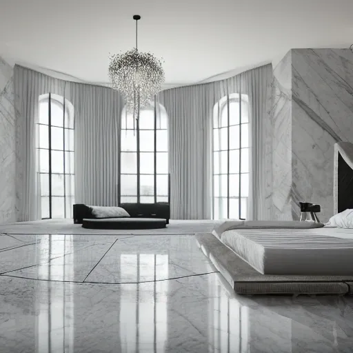 An ultra wide angle photo of a floating bed hovering above marble floor in the middle of a giant tesselating bedroom with windows opening to Fantasy Worlds, photorealistic, octane render, recursive!!!!, flowing, cascading, multiverse!!!!!!, labyrinthine