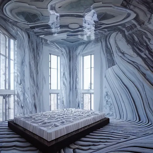 An ultra wide angle photo of a floating bed hovering above marble floor in the middle of a giant tesselating bedroom with windows opening to other worlds by casey weldon and lee madgewick and m. c. escher, photorealistic, octane render, recursive!!!!, flowing, cascading, multiverse!!!!!!, labyrinthine