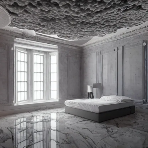 An ultra wide angle photo of a floating bed hovering above marble floor, and grey walls, in the middle of a giant tesselating bedroom with windows opening to other worlds by casey weldon and lee madgewick and m. c. escher, photorealistic, octane render, recursive!!!!, flowing, cascading, multiverse!!!!!!, labyrinthine