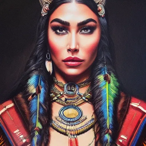full body portrait photograph of Madison Beer as Pocahontas, young beautiful native american woman, perfect symmetrical face, feather jewelry, traditional handmade dress, armed female hunter warrior, (((wild west))) environment, Utah landscape, ultra realistic, concept art, elegant, ((intricate)), ((highly detailed)), depth of field, ((professionally color graded)), 8k, art by artgerm and greg rutkowski and alphonse mucha, 4k, clean, realistic face, realistic eyes, highest quality, realistic hands, trending on artstation, masterpiece, NSFW, five fingers, Oil Painting