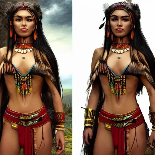 full body portrait photograph of Madison Beer as Pocahontas, young beautiful native american woman, perfect symmetrical face, feather jewelry, traditional handmade dress, armed female hunter warrior, (((wild west))) environment, Utah landscape, ultra realistic, concept art, elegant, ((intricate)), ((highly detailed)), depth of field, ((professionally color graded)), 8k, art by artgerm and greg rutkowski and alphonse mucha, 4k, clean, realistic face, realistic eyes, highest quality, realistic hands, trending on artstation, masterpiece, NSFW, five fingers, Oil Painting, 3D