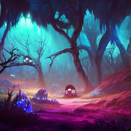 concept art painting of a fantasy alien fungal landscape at night, with glowing blue lights, glowing blue mushrooms, dark purple sky, realistic, detailed, cel shaded, in the style of makoto shinkai and greg rutkowski and albert bierstadt and james gurney , 3D