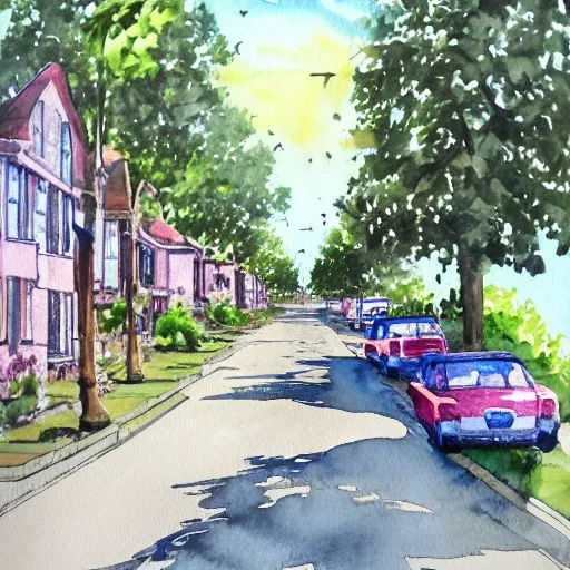 street lined with old residential houses summer watercolor by arti chauhan trending on artstation 