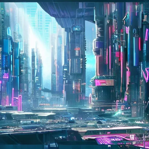 Design a futuristic cyberpunk city that is both beautiful and fu ...