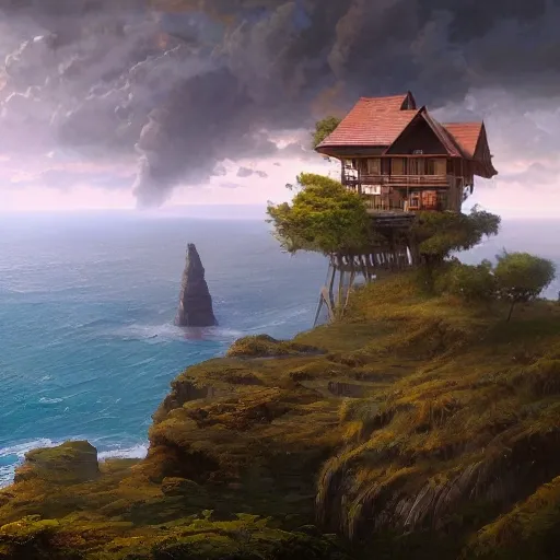 lovely a - frame home sits atop a broad cliff, overlooking the entirety of the blue sky, digital painting by greg rutkowski and gaston bussiere, zbrush, cgsociety contest winner, comprehensive art, intricate, landscape photography, brightly radiant atmosphere, overcast sky, homogeneous to hawaii, 4 k, 8 k 