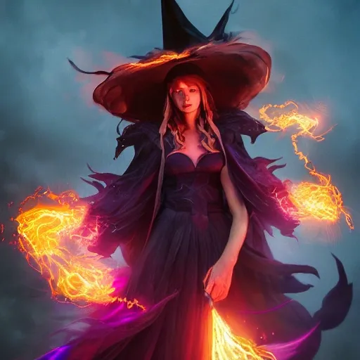 a fancy portrait of a beautiful dark magician women wearing a great witches hat covered in colourfull flames by Greg Rutkowski, Sung Choi, Mitchell Mohrhauser, Maciej Kuciara, Johnson Ting, Maxim Verehin, Peter Konig, final fantasy , mythical, 8k photorealistic, cinematic lighting, HD, high details, atmospheric,, 3D