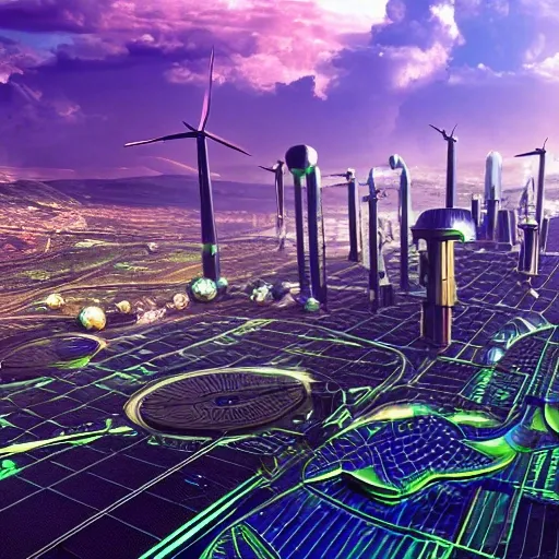 highly detailed articifial futuristic sun, solarpunk, sustainable energy machine, advanced technology, bright blue clouds, landscape of lush green cityscape, nature, optimistic, environmental harmony, urban, ecological, vision, innovation, photo realistic 3d render, high resolution, panoramic, insane details, golden hour, cinematic