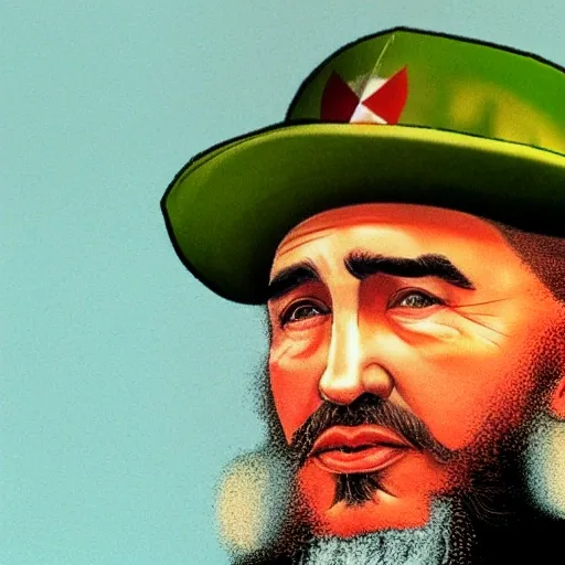 An image of Fidel Castro standing, with a tropical background, but in a delirious style, with many colors.