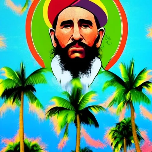 An image of Fidel Castro standing, with a tropical background, but in a delirious style, with many colors., Trippy