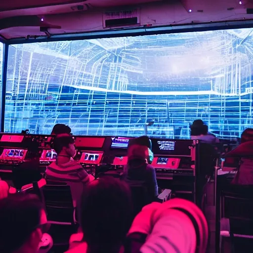 RAW photo, in a control center of a ship watching music holograms while watching tokyo japan, demonic, 8k uhd, dslr, soft lighting, high quality, film grain, Fujifilm XT3, anime type, sci-fi and cyberpunk
